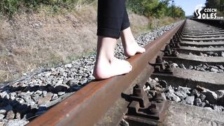 Barefoot walking and dirty feet on rails (long toes, bare feet, foot tease, sexy feet, public feet)