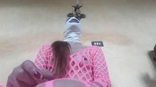 Pink Fishnet Catsuit and Rough Blowjob