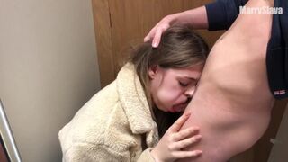 DEEPTHROAT BLOWJOB IN THE FITTING ROOM. Swallow his cum